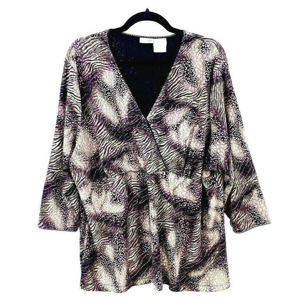 East 5th Woman Tunic Top Plus 3X V-Neck Pullover 3/4 Sleeve Pink Black Lace Edge